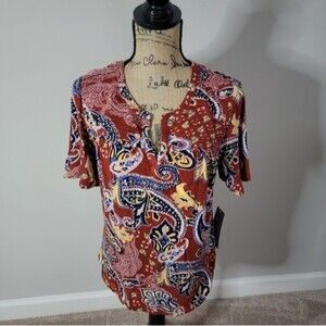 Daniel Rainn mixed print short sleeve burnt orange, blue yellow top